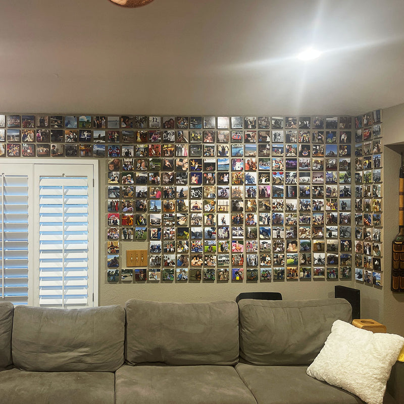 Customer photo wall of Shiner blocks above a couch
