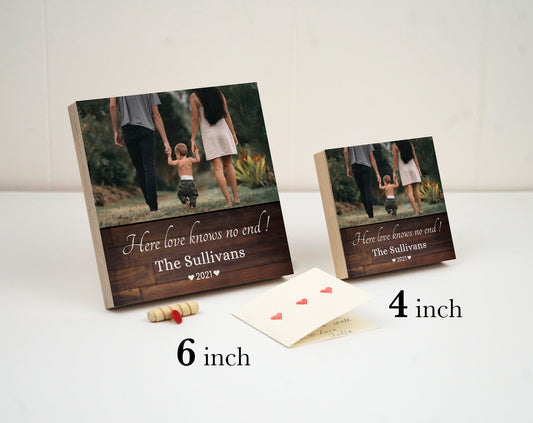 Personalized Family Photo Gift "Here Love knows No End!"- 4" or 6" Photo Block w/ Handwritten Card - Personalized Family Frame, Gift for Mom