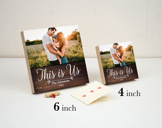 Personalized Family Sign "This is us" - Photo Block 4" or 6" - This is Us Wall Art - Grandparents Gift - Last Name sign - Family Wall Art