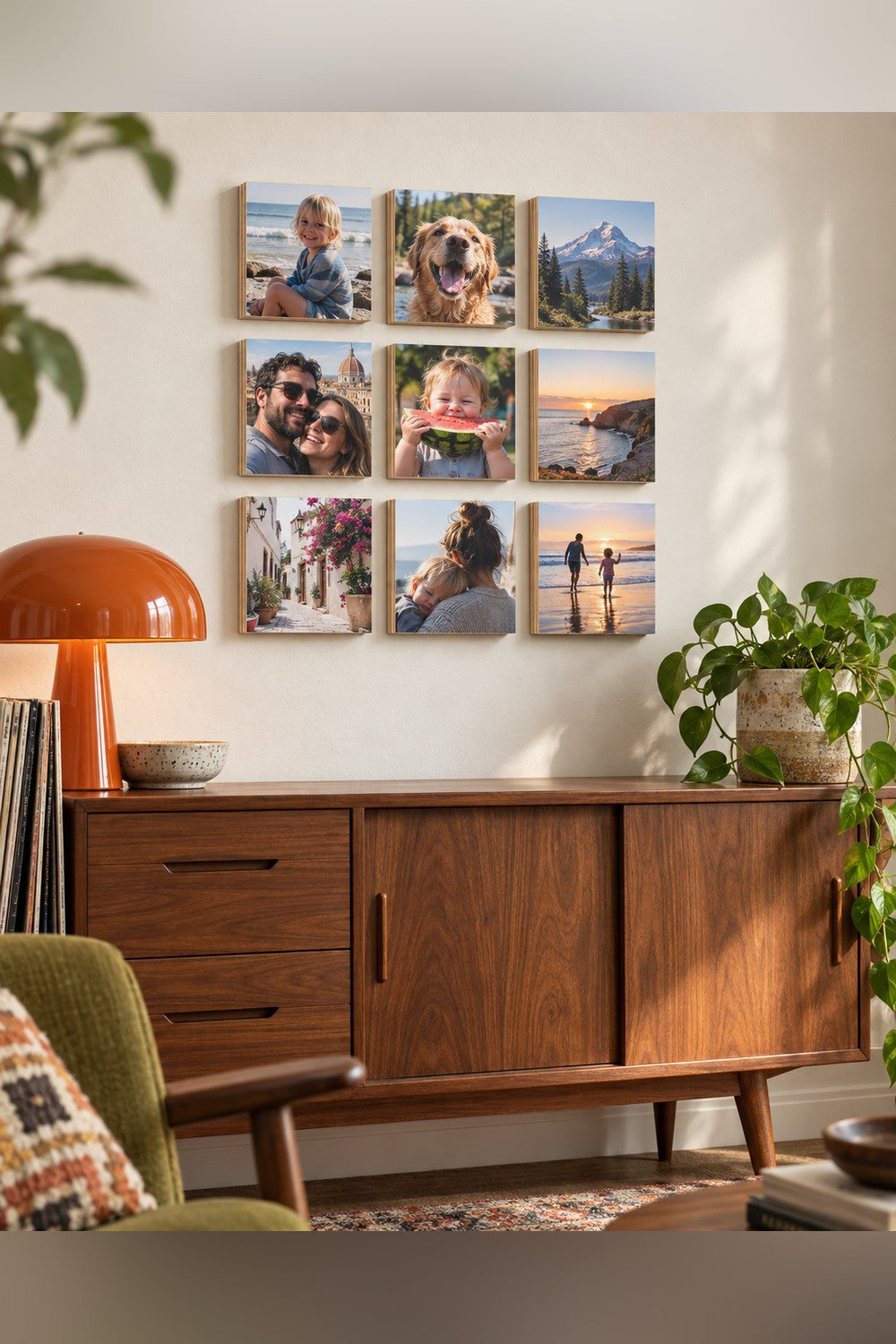 Nine eight inch wood photo blocks hung in a three by three grid above a sideboard