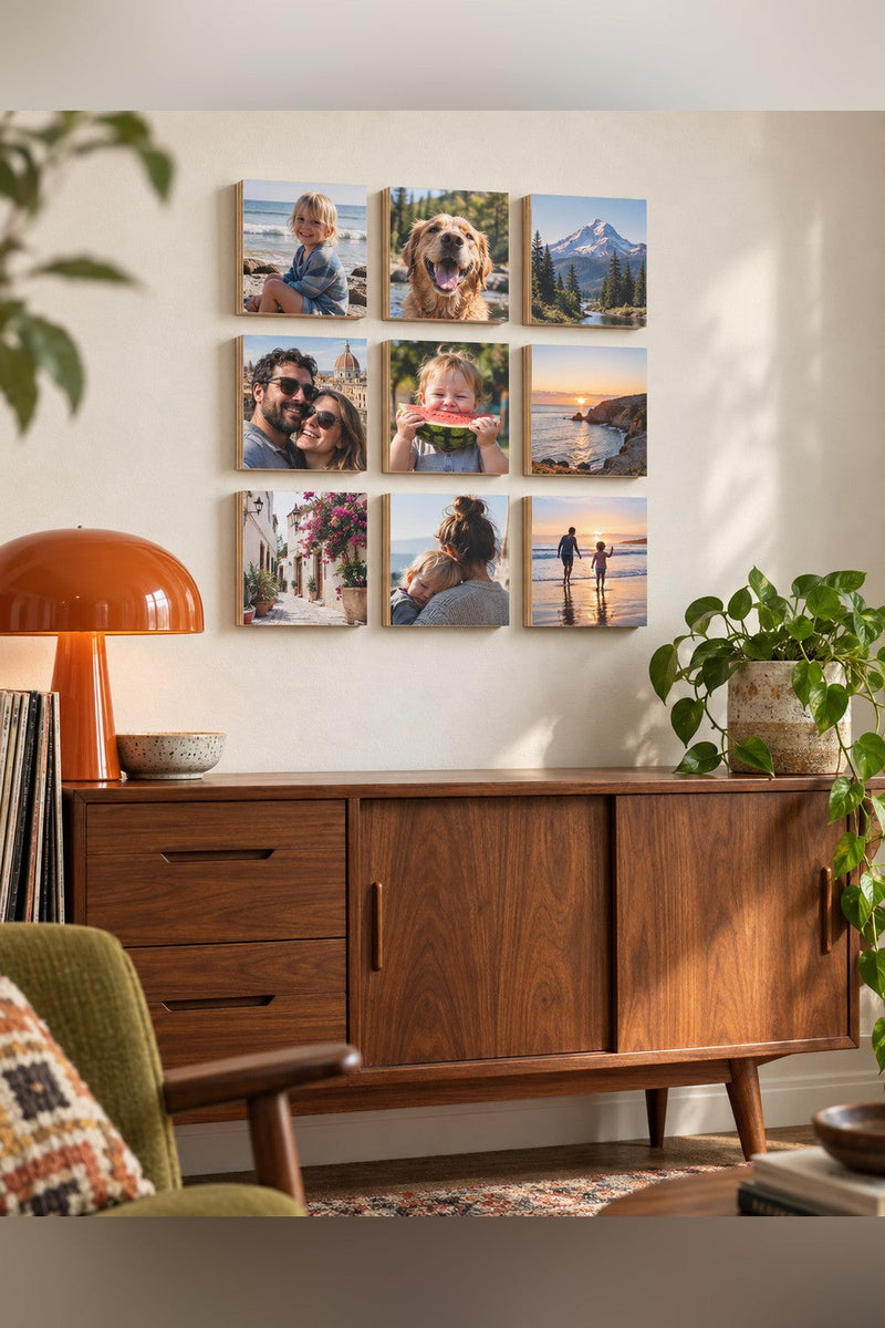 Nine eight inch wood photo blocks hung in a three by three grid above a sideboard