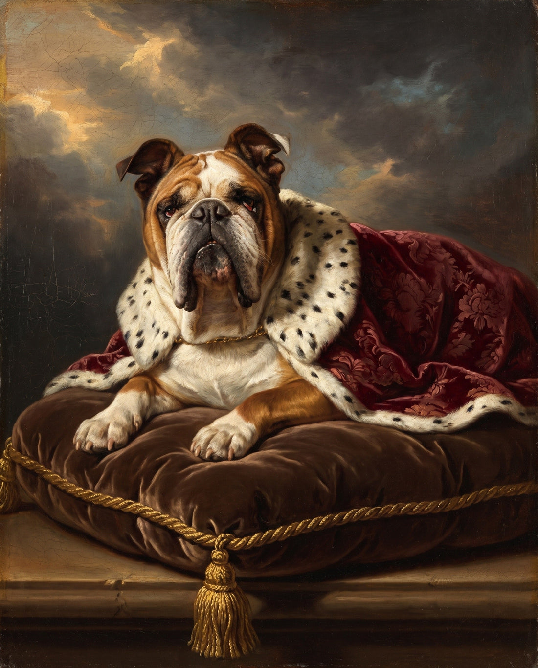 Bulldog painted as royalty on a velvet cushion in an ermine cape, a custom pet portrait