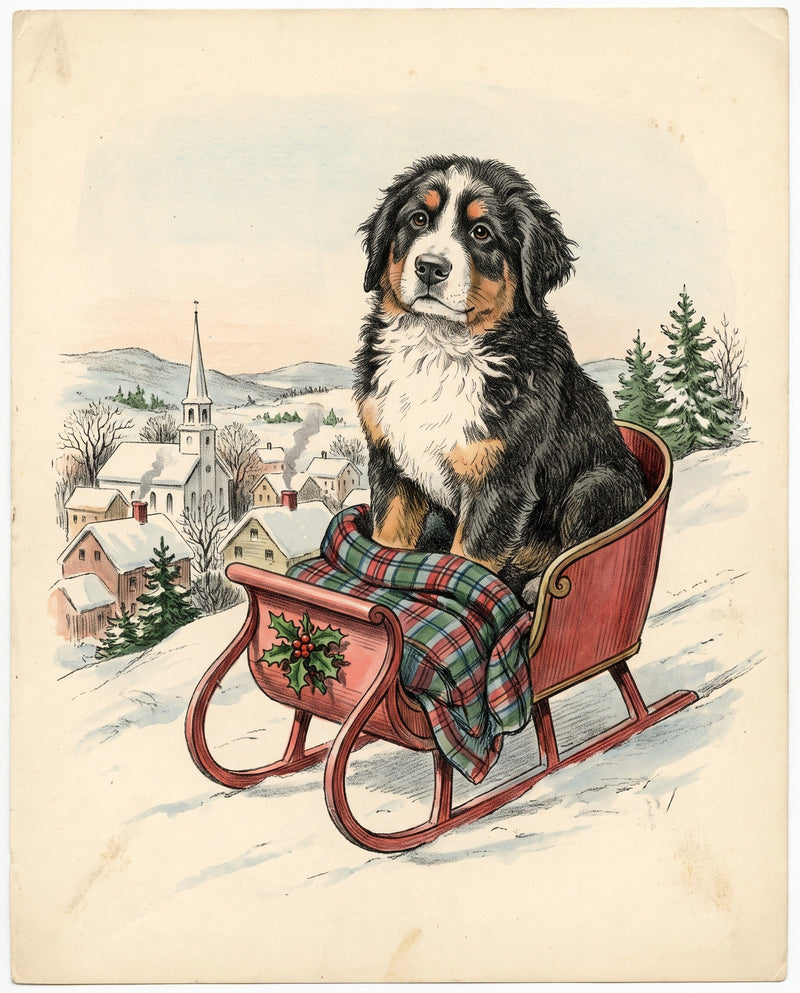A pet painted into an old-fashioned Christmas sleigh ride scene, a custom Christmas pet portrait