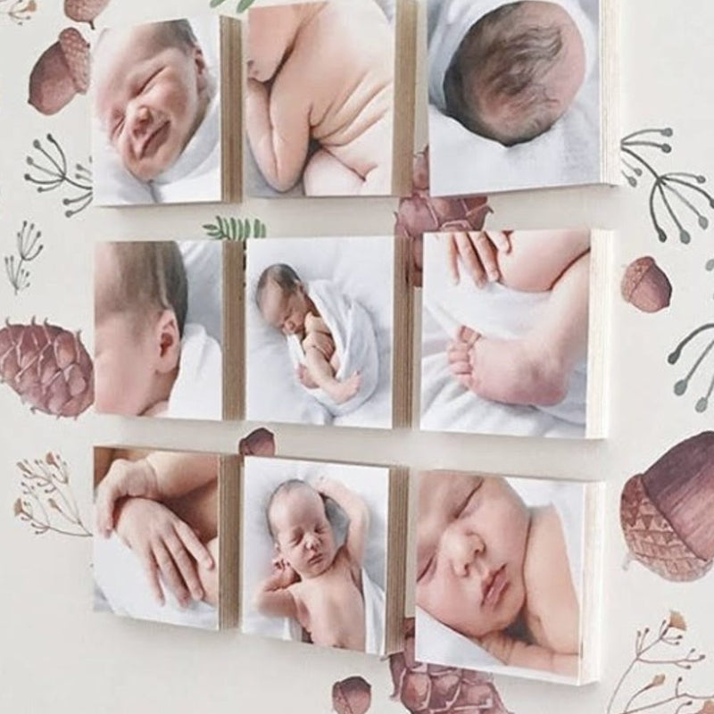 A customer photo wall of Shiner wood blocks