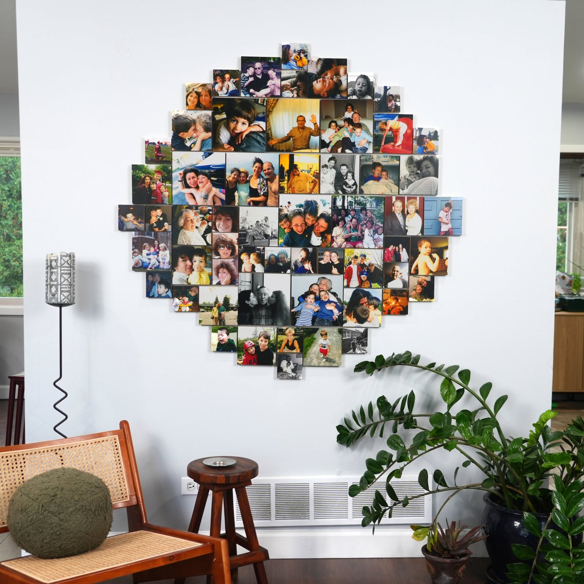 A finished circle-shaped photo wall of Shiner blocks in a bright living room