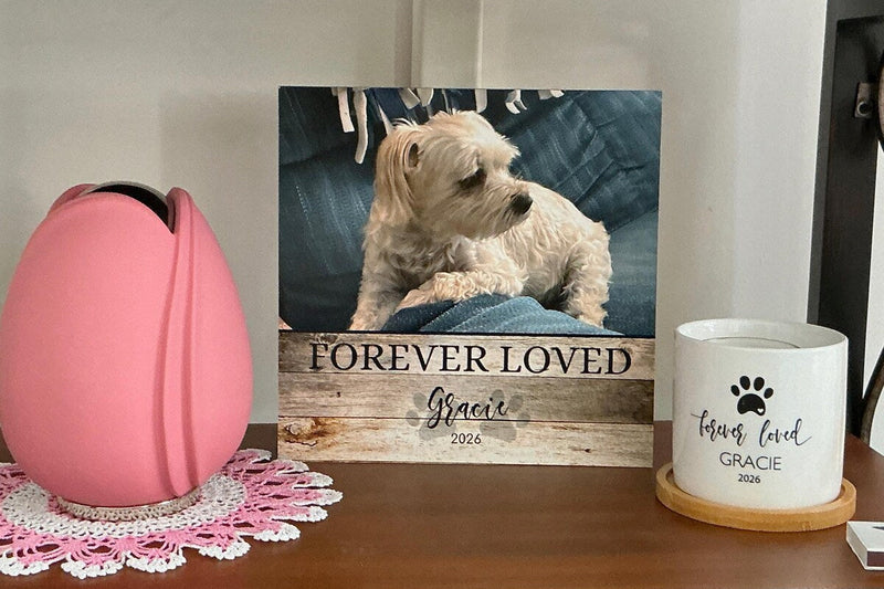 Custom dog memorial photo block with a beloved dog's portrait, displayed in a home as a daily keepsake