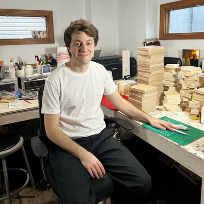 Leo, founder of Shiner Photo, in the family workshop near Chicago where every dog memorial is handmade one at a time