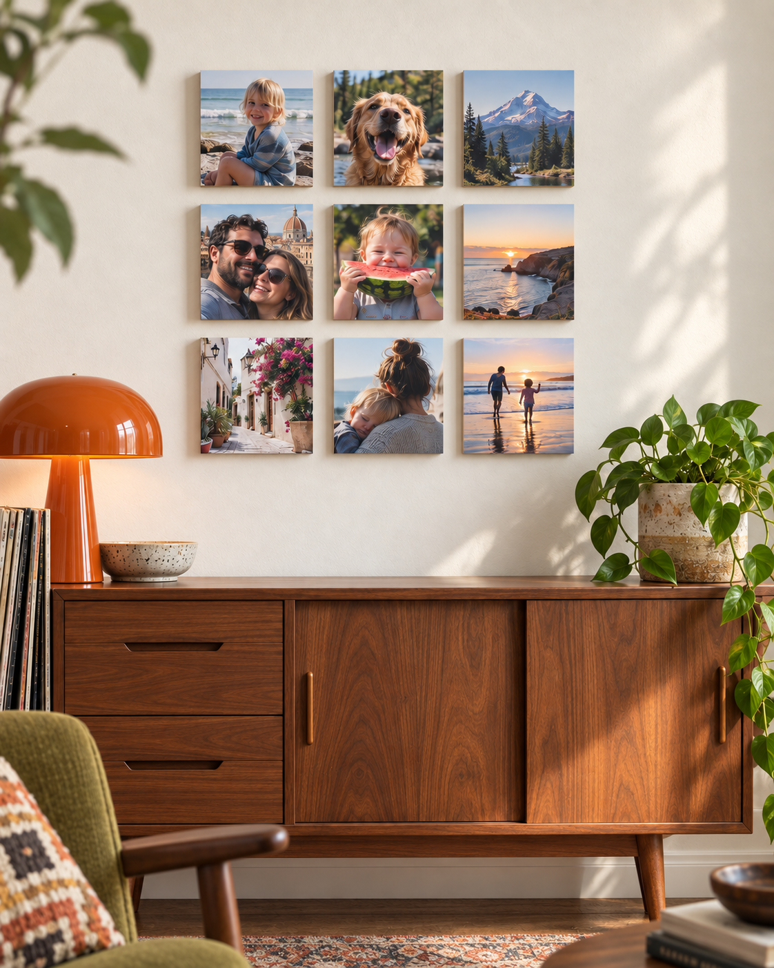 The 9 Wall: nine 8 inch photo blocks in a 3 by 3 grid above a walnut sideboard