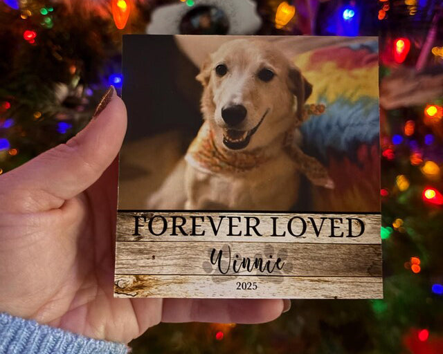 Personalized dog memorial photo block displayed as a sympathy gift for someone who lost their dog