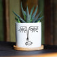 One Line Face Design - White Ceramic Planter - 3" With Bamboo Tray