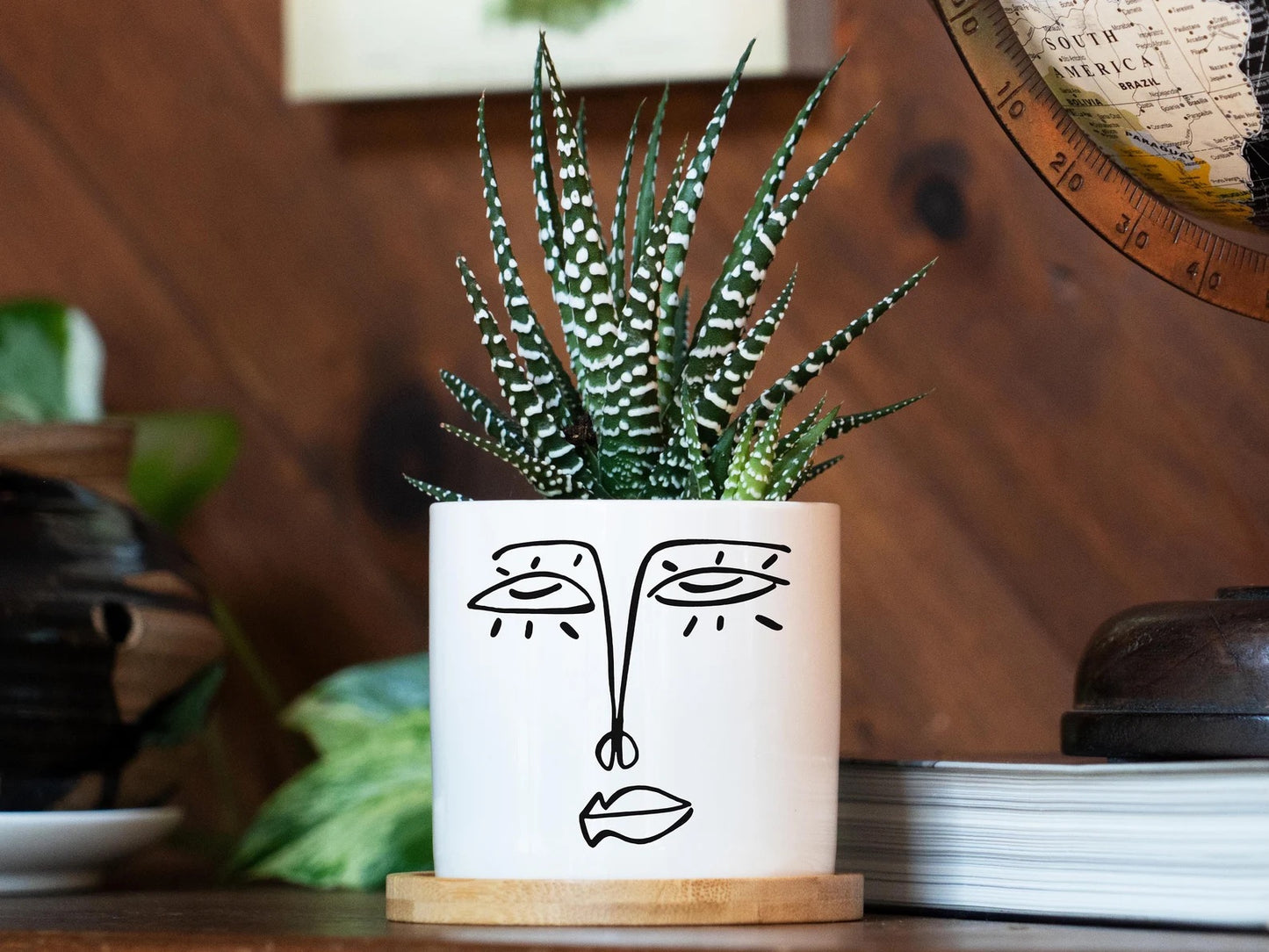 One Line Face Design - White Ceramic Planter - 3" With Bamboo Tray