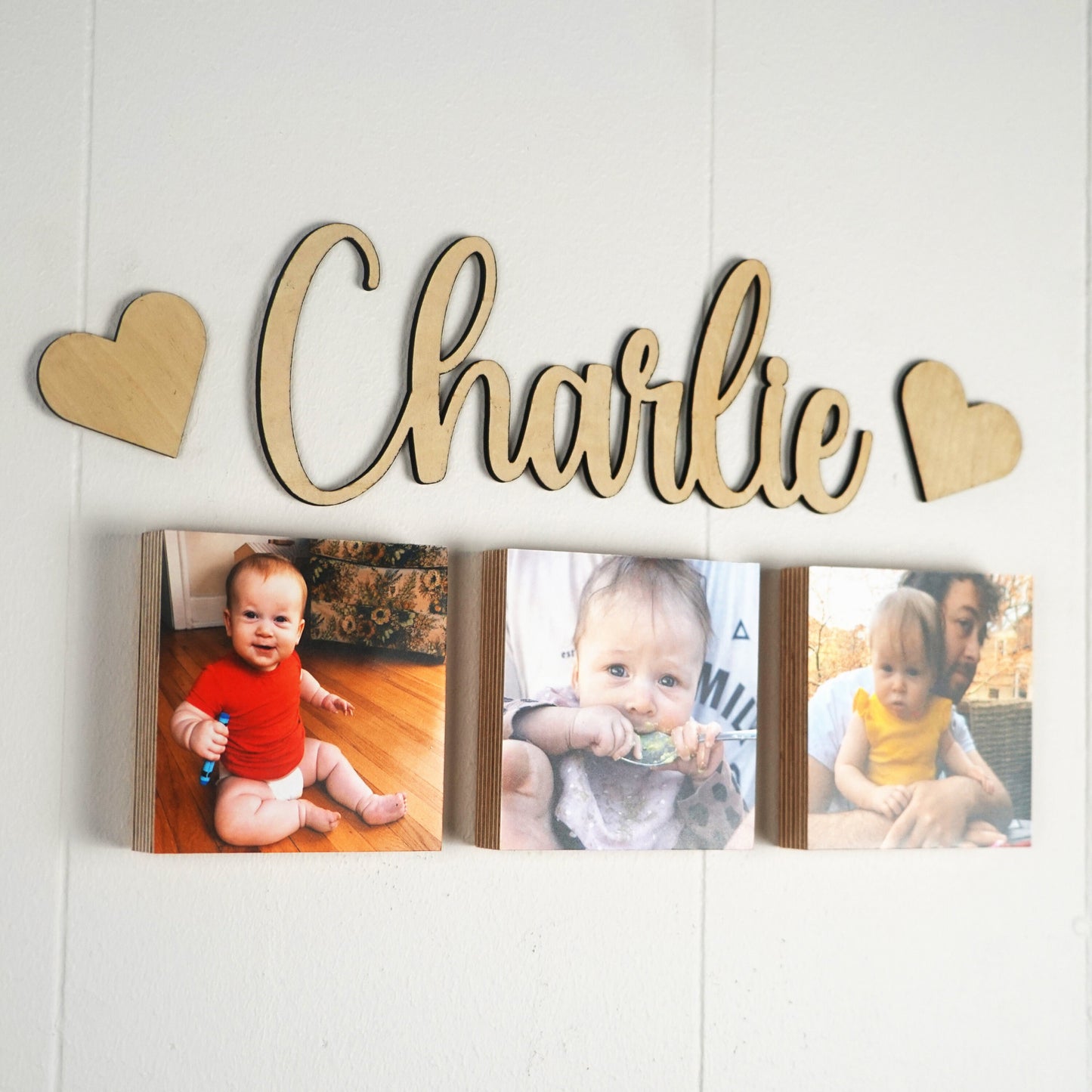 Custom Baby Name Sign + Custom Printed Baby Photo Frames - Custom Wood Name Sign  - Magnetic Photo Blocks - Personalized Name Sign