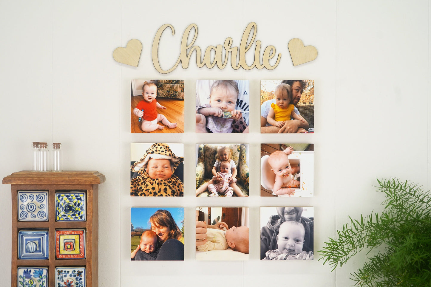Custom Baby Name Sign + Custom Printed Baby Photo Frames - Custom Wood Name Sign  - Magnetic Photo Blocks - Personalized Name Sign