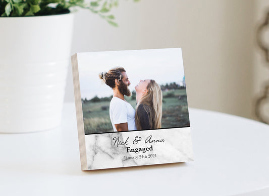 Personalized Engagement Frame Gift - Printed Photo Block 4" or 6" - Custom Engagement Gift For Couple - Newly Engaged Gift for Couple