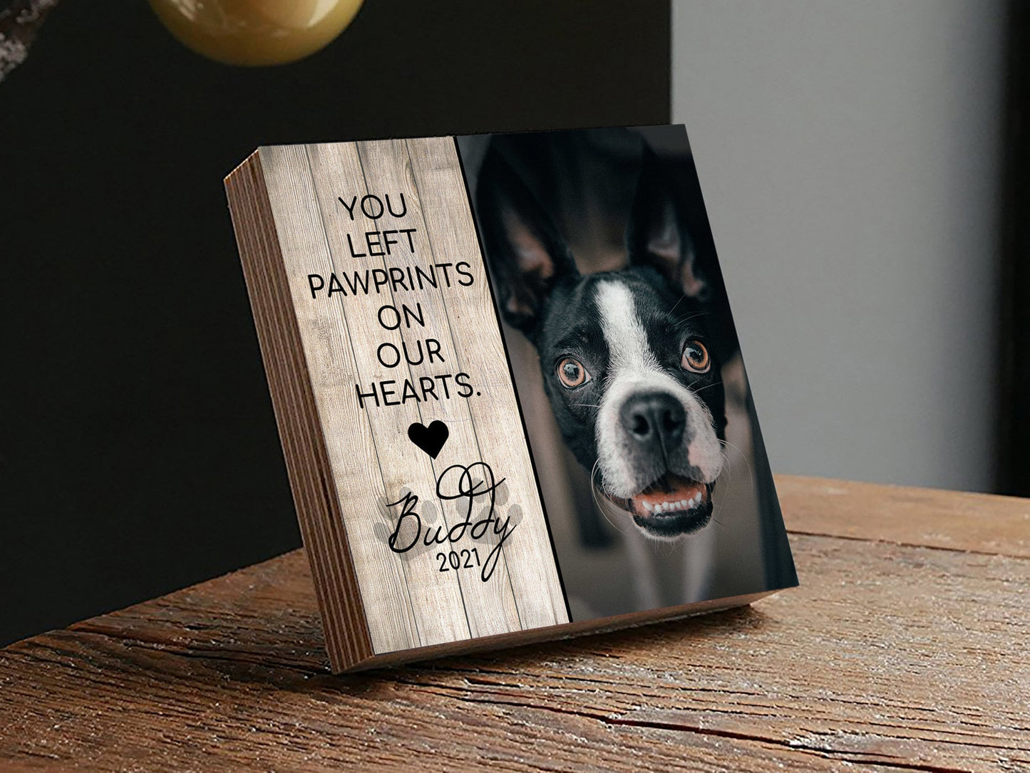 Personalized Pet Memorial Gift 4" or 6" - Printed Wood Photo Block - You Left Paw Prints On Our Heart - Dog Memorial Frame