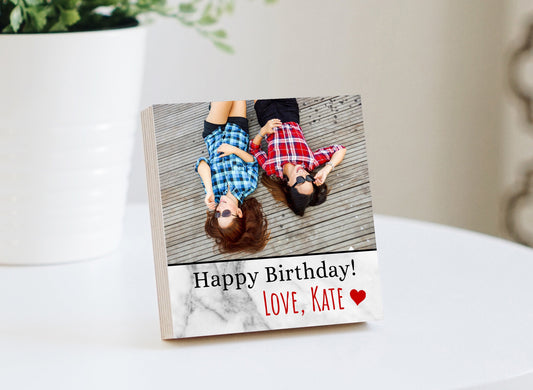 Personalized Happy Birthday Photo Block - 4" or 6" w/ Handwritten Birthday Card - Best Friend Birthday Gift - Friendship Gift