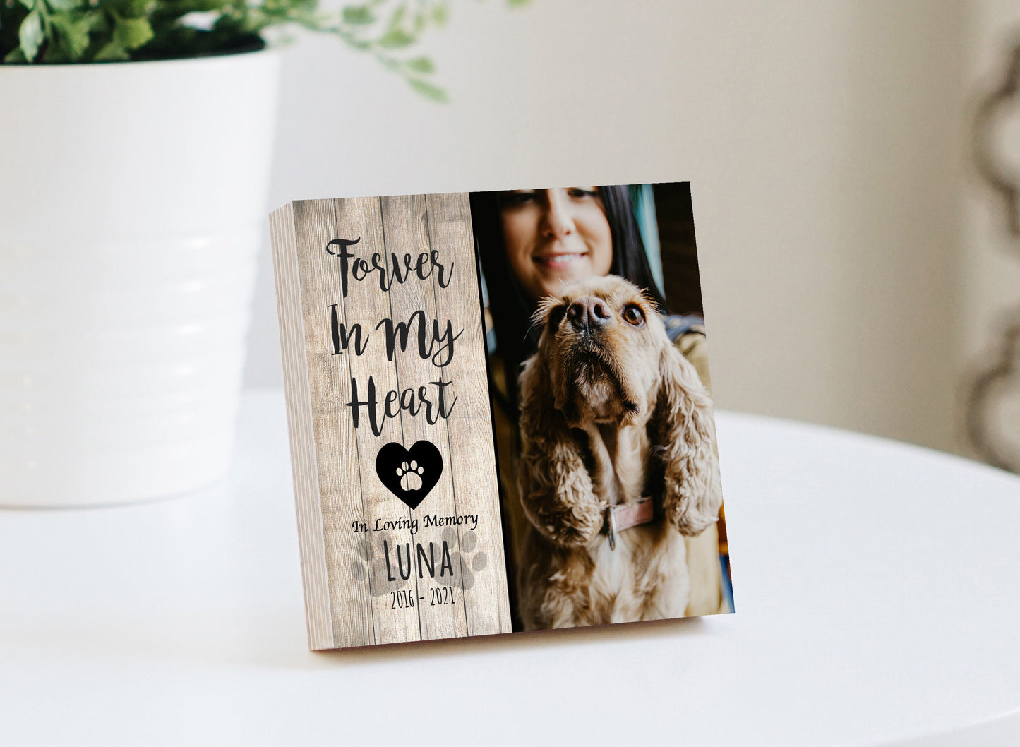 Personalized Pet Memorial "Forever In  My Heart"- 4" or 6" Photo Block w/ Handwritten Card - Dog Memorial Frame - Dog Remembrance Gift