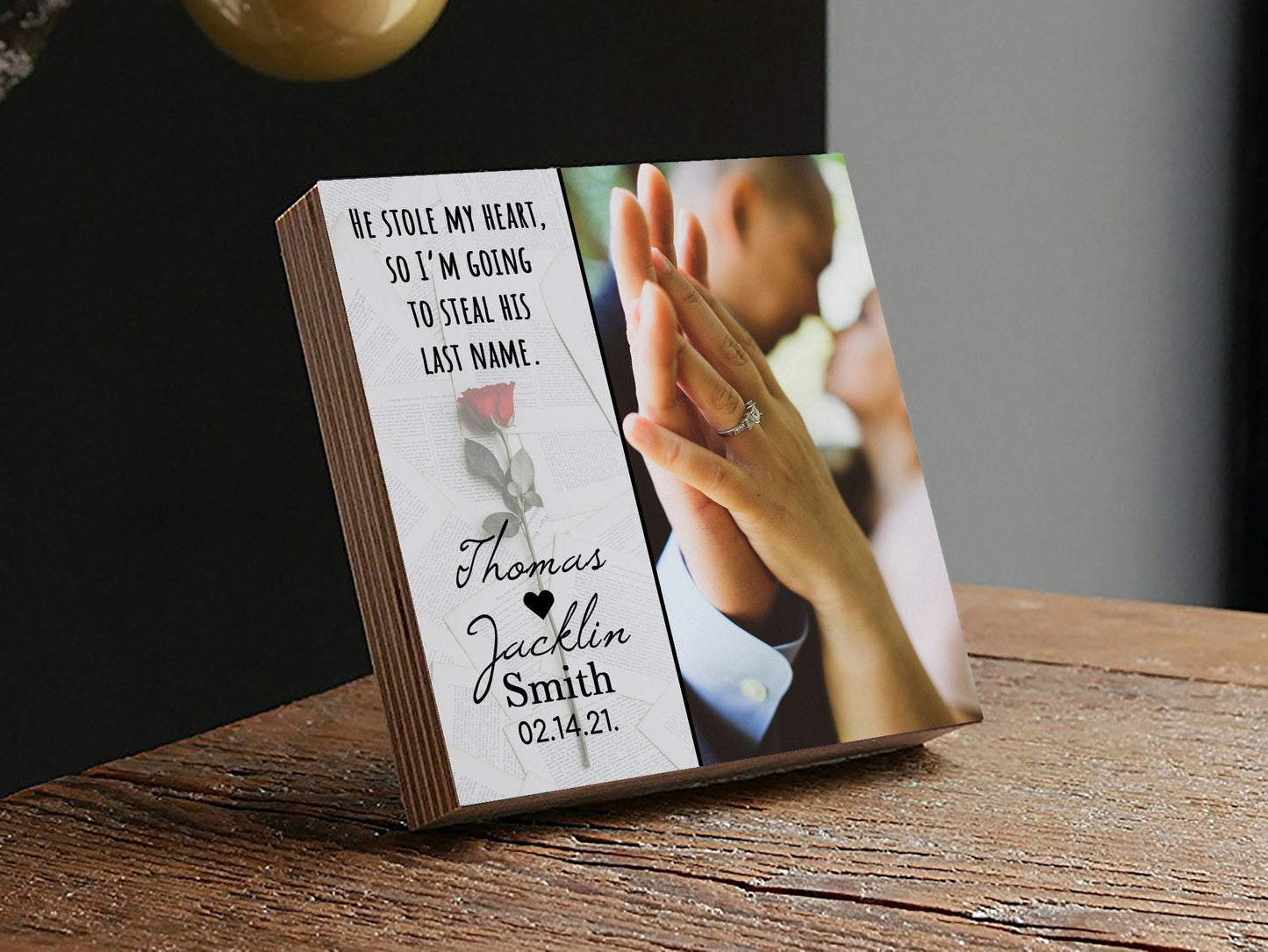 Personalized Engagement Gift - Printed Photo Block 4" or 6" - He Stole My Heart - Custom Engagement Gift For Couple - Gift For Newly Married