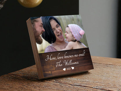 Personalized Family Photo Gift "Here Love knows No End" - 4" or 6" Photo Block w/ Handwritten Card - Personalized Family Frame, Gift for Mom - Shiner Photo