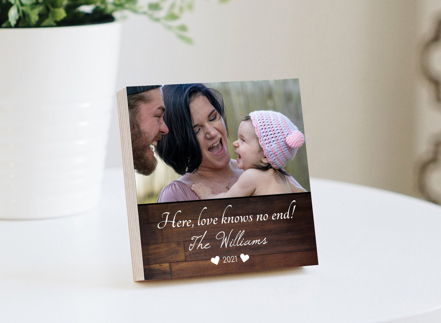 Personalized Family Photo Gift "Here Love knows No End"- 4" or 6" Photo Block w/ Handwritten Card - Personalized Family Frame, Gift for Mom