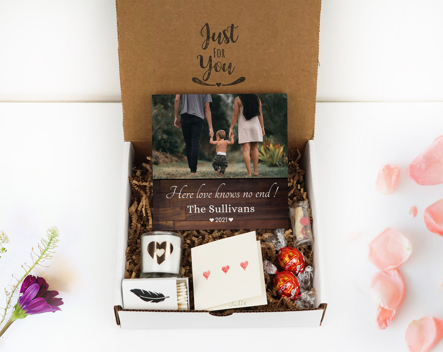 Personalized Family Photo Gift Box - &quot;Here Love knows No End!&quot;- 4&quot; or 6&quot; Photo Block w/ Handwritten Card - Personalized Family Frame