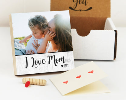 I Love Mom - Personalized Mother's Day Gift - 4" or 6" Photo Block - New Mom Gift Wife Gift Picture - New Family Photo Gift For Mother's Day - Shiner Photo