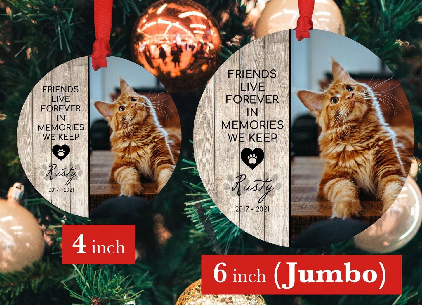 Personalized Cat Sympathy Gift - Christmas Photo Ornament - 4" or 6 (JUMBO)" - Personalized Pet Christmas Ornament - Cat Memorial Photo