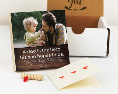Personalized Father's Gift Frame - 4" or 6" Photo Block w/ Handwritten Card - Fathers Day Gift from Son -Personalized Gift for Dad Gift BoxShinerDecor