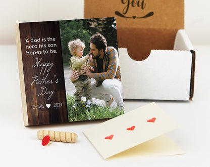 Personalized Father's Day Gift Frame - 4" or 6" Photo Block w/ Handwritten Card - Fathers Gift from Son -Personalized Gift for Dad Gift BoxShinerDecor