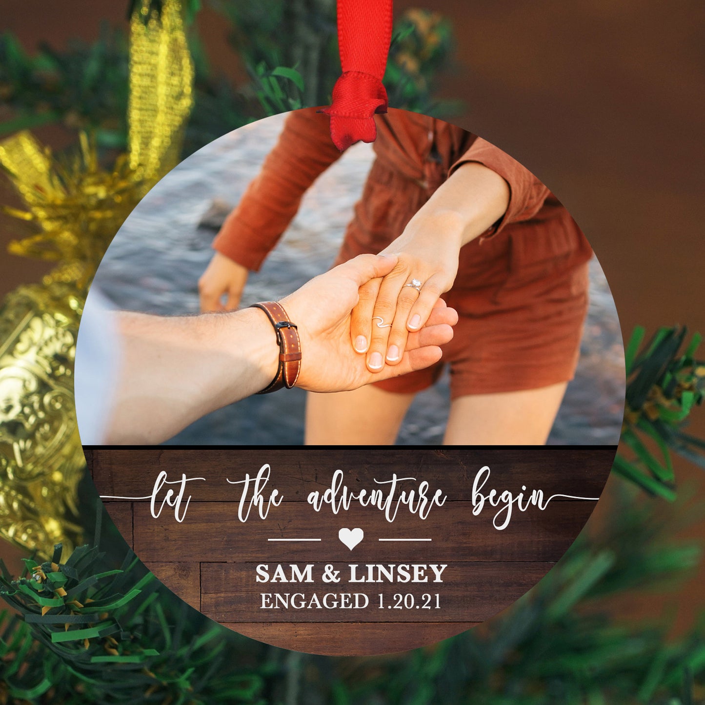 Personalized Engagement Ornament, Engagement Party Gift - 4" x 6" Wood Ornament - Let The Adventure Begin Custom, Engagement Gift with Names