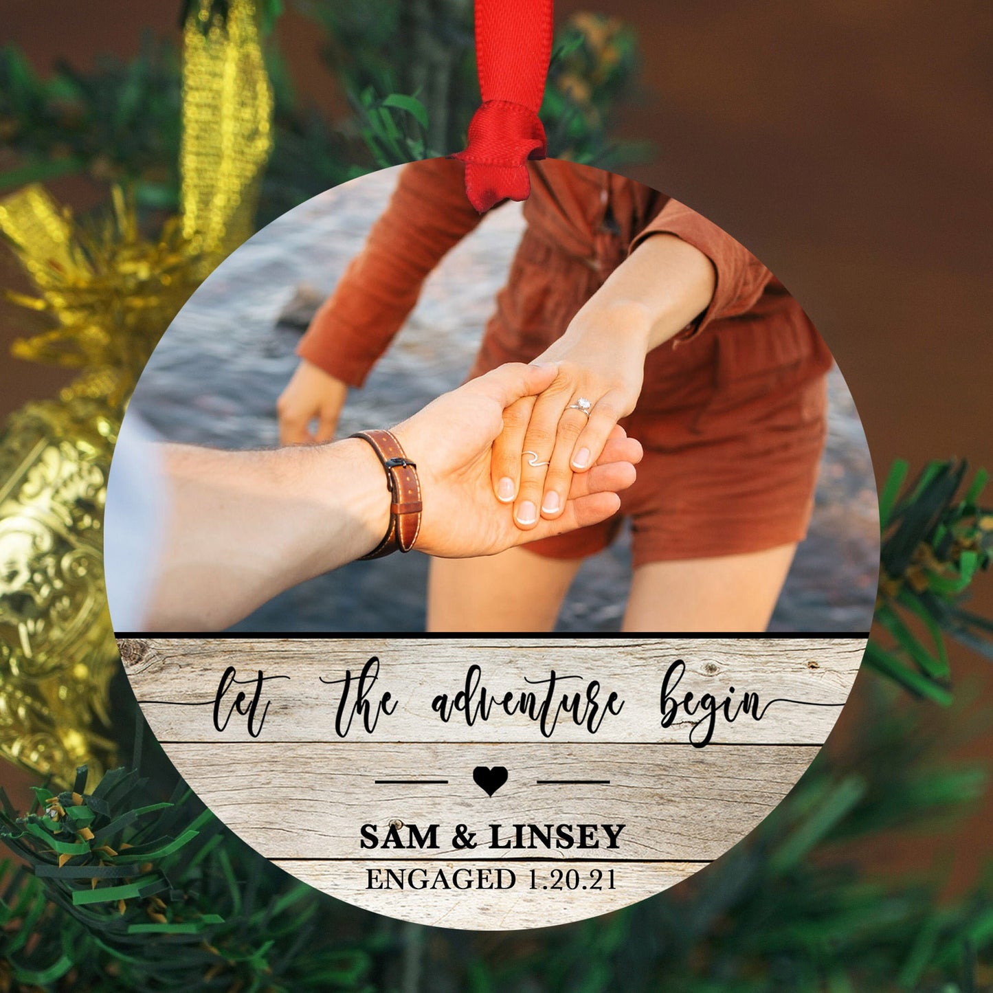 Personalized Engagement Ornament - Engagement Party Gift - 4" x 6" Wood Ornament -Let The Adventure Begin Custom, Engagement Gift with Names