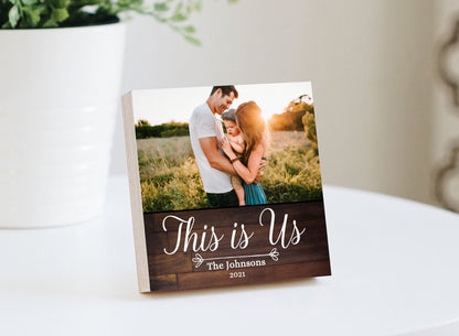 Personalized Family Sign "This is us" - Photo Block 4" or 6" - This is Us Wall Art - Grandparents Gift - Last Name sign - Family Wall Art