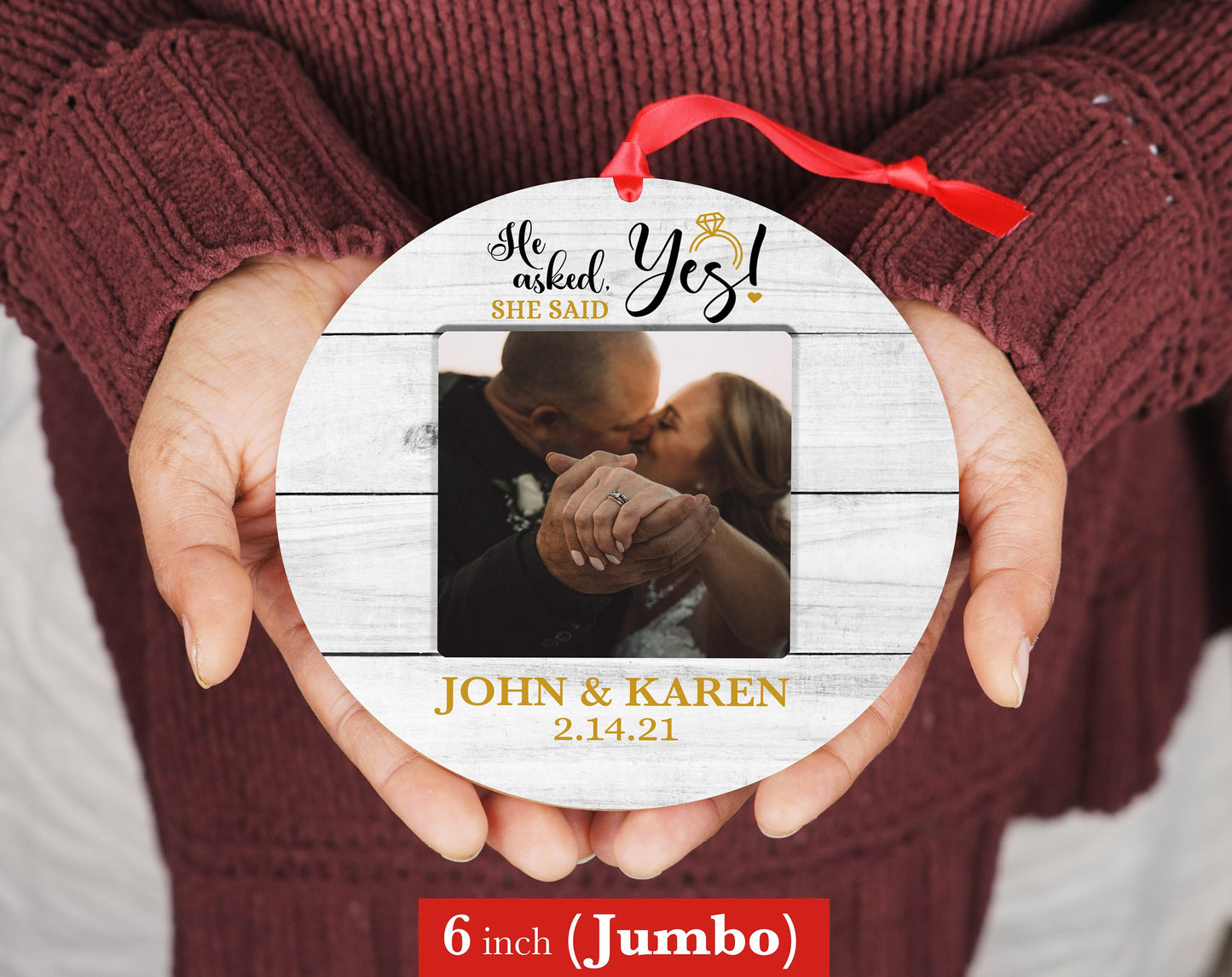 Personalized Engaged Ornament - Custom Photo Ornament - 4" or 6" - Christmas Ornament - Couple Wedding Gift - He Asked, He Said Yes!