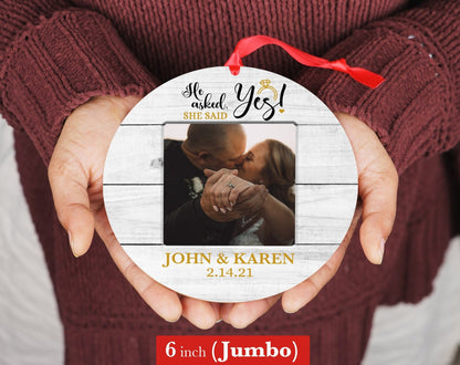 Personalized Engaged Ornament - Custom Photo Ornament - 4" or 6" - Christmas Ornament - Couple Wedding Gift - He Asked, He Said Yes! - Shiner Photo