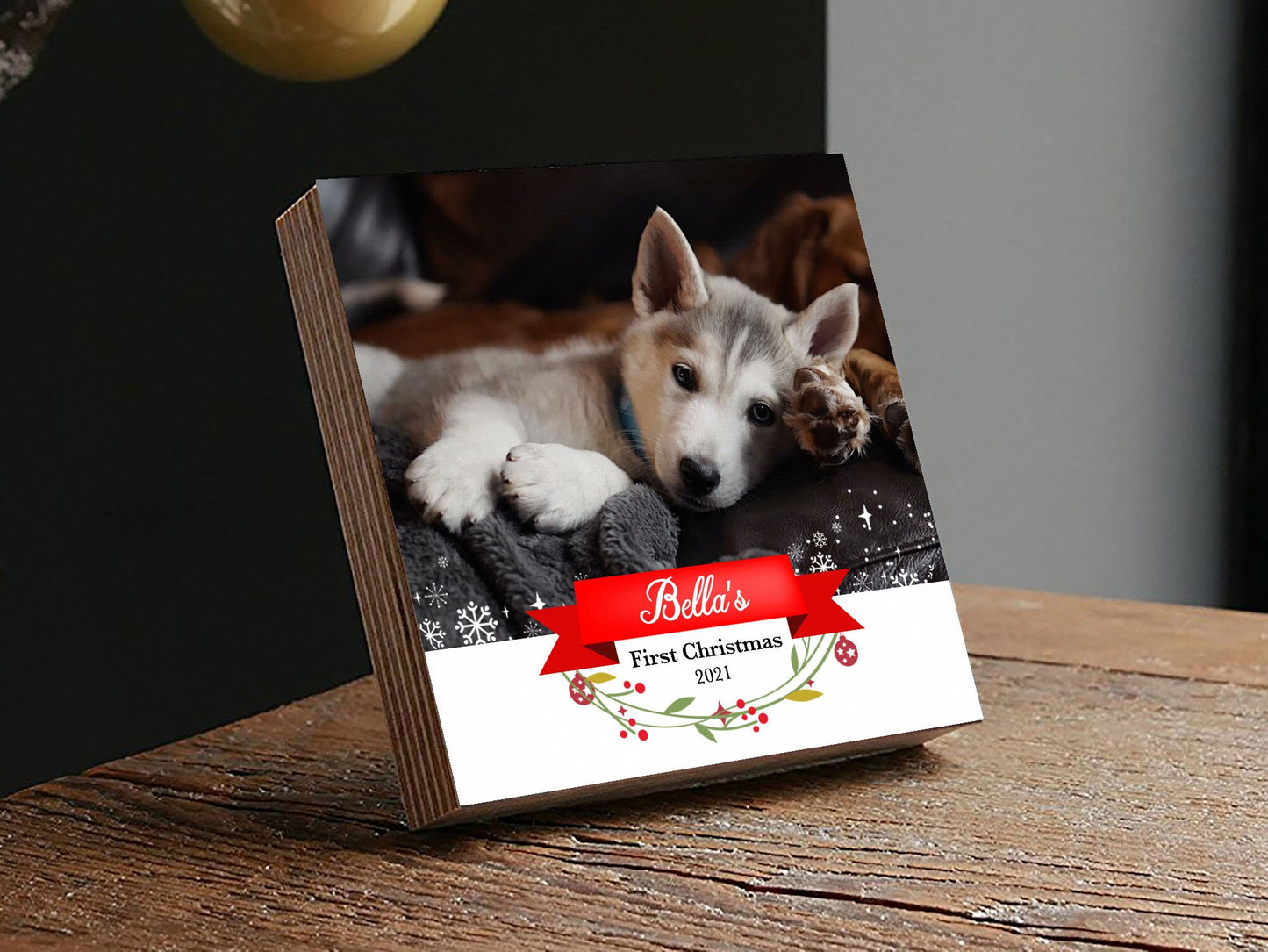 Personalized First Christmas Frame - 4" or 6" - Wood Photo Block - Dog Lover Gift - Custom Dog Ornament