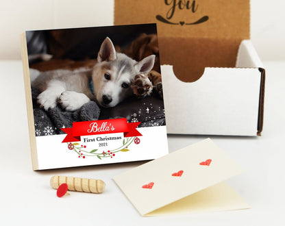 Personalized First Christmas Frame - 4" or 6" - Wood Photo Block - Dog Lover Gift - Custom Dog Ornament - Shiner Photo