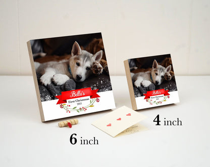 Personalized First Christmas Frame - 4" or 6" - Wood Photo Block - Dog Lover Gift - Custom Dog Ornament - Shiner Photo