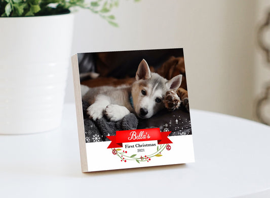 Personalized First Christmas Frame - 4" or 6" - Wood Photo Block - Dog Lover Gift - Custom Dog Ornament