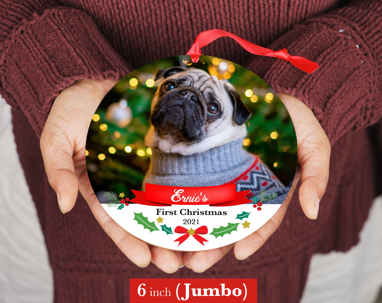 Dog's First Christmas Ornament - Photo Ornament 4" or JUMBO 6"- Christmas Ornament- Personalized Christmas Gift Box - Pet Christmas