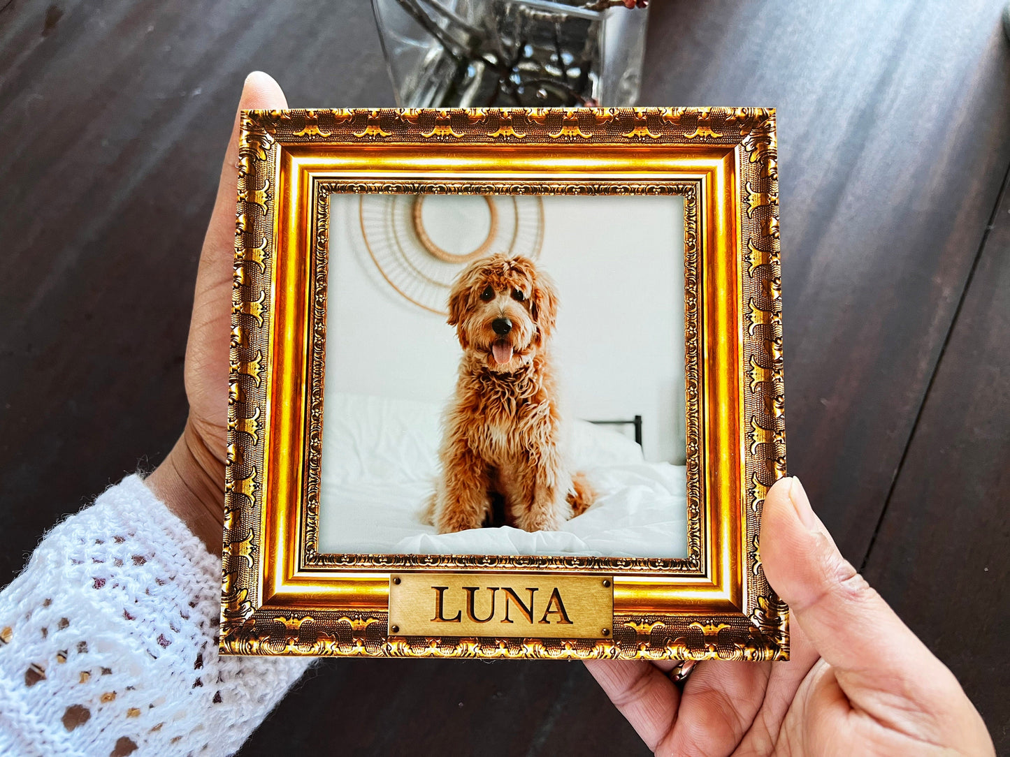 Personalized Gold Frame Style Pet Memorial 4" or 6" - NOT REAL GOLD Frame - Photo Print on Wood - Dog Memorial Frame - Pet Memorial