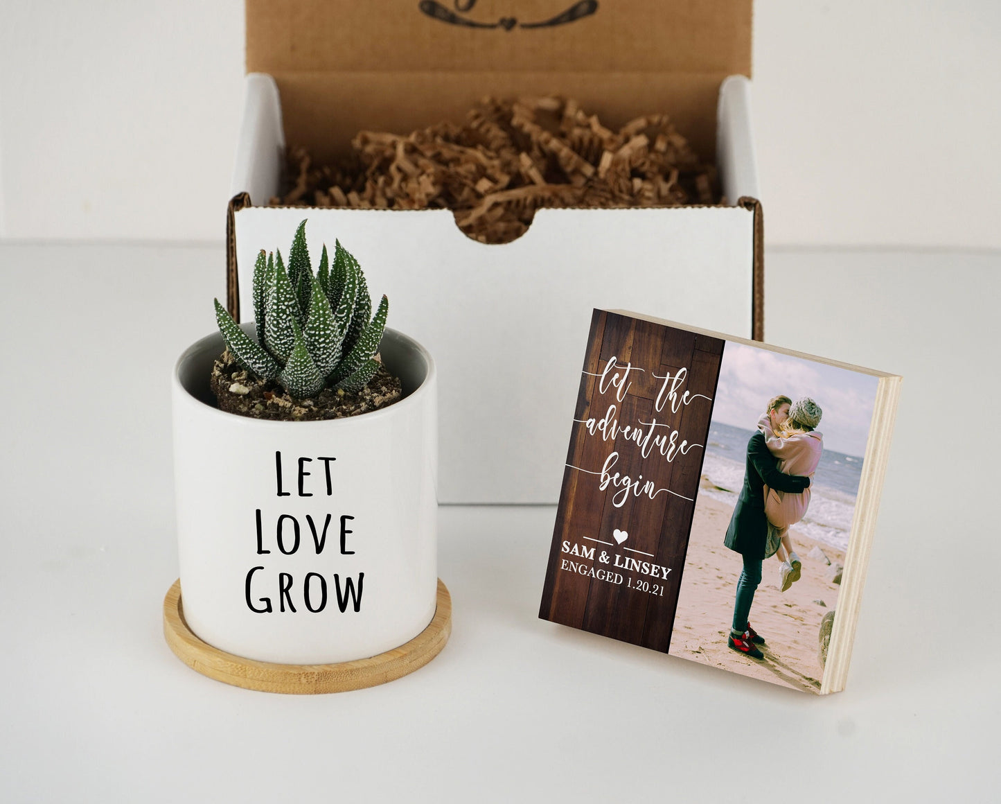Personalized Engagement Gift - Photo Block + Planter - Custom Engagement Gift Box For Couple-Gift For Engaged Friend, Gift for Newly Engaged